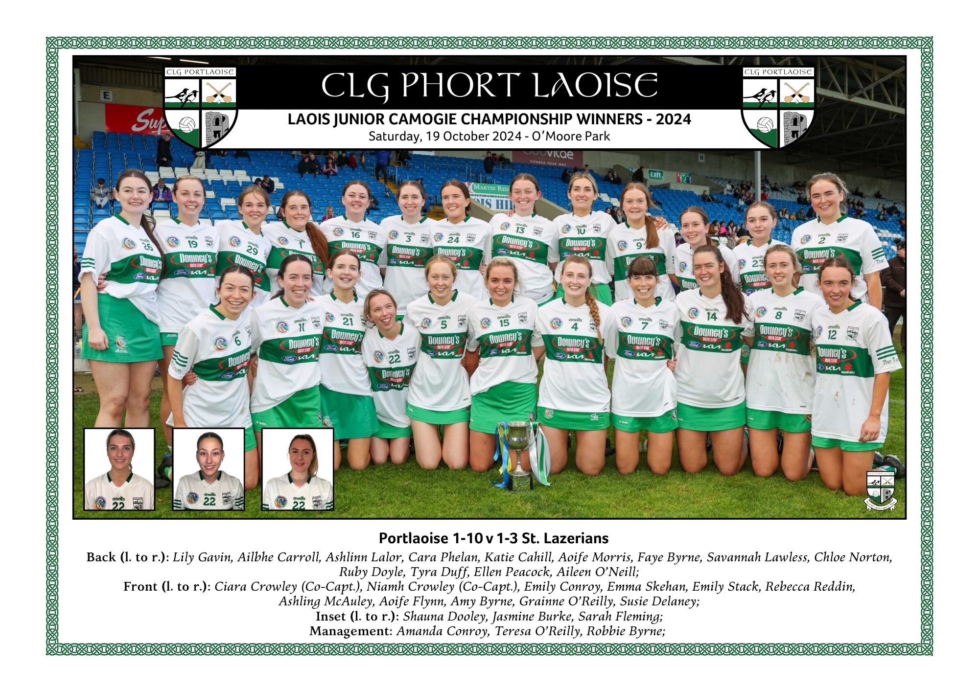 Portlaoise camogie team photo after the Laois Junior camogie final of 2024