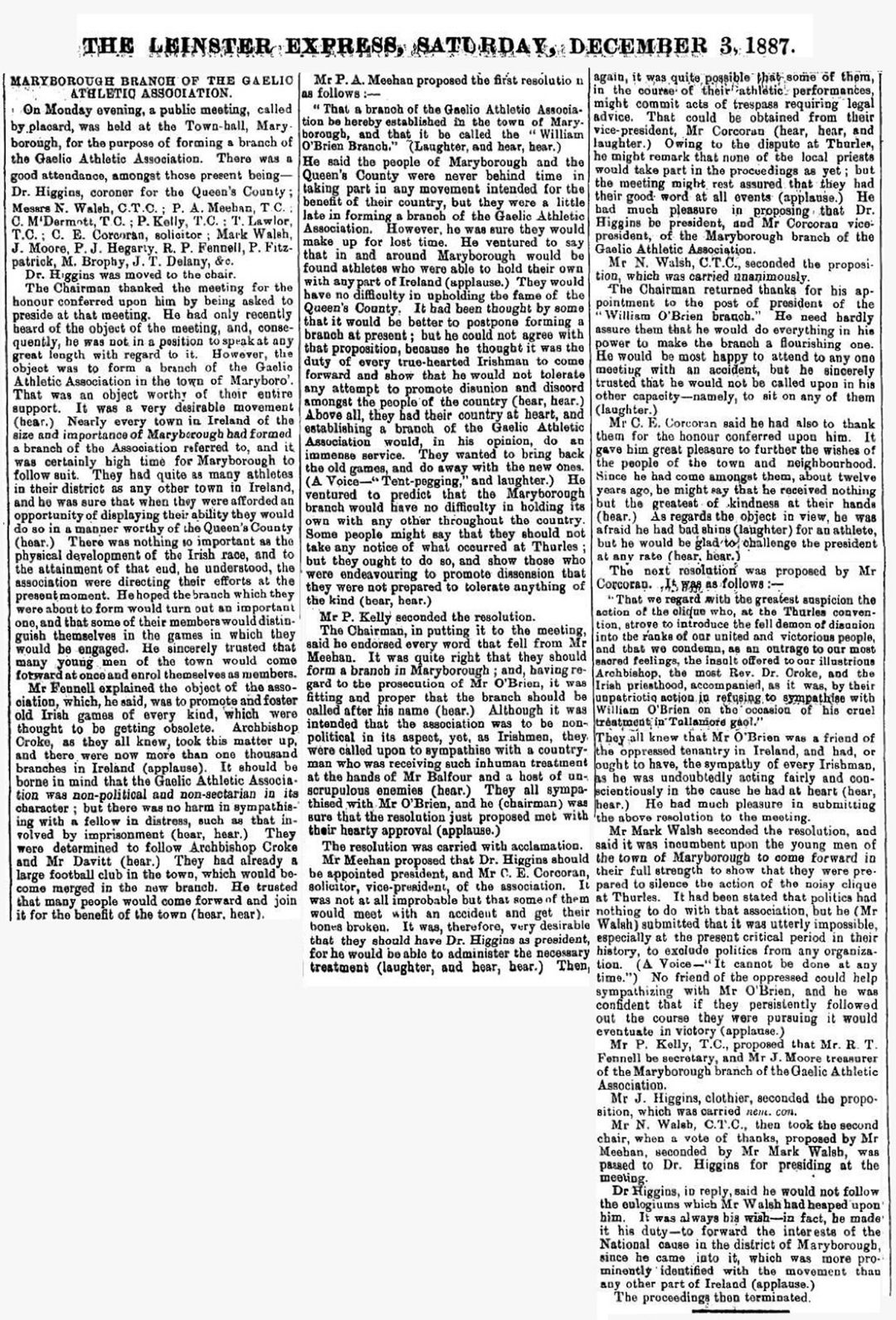 Newspaper report from the founding of Portlaoise GAA Club in 1887