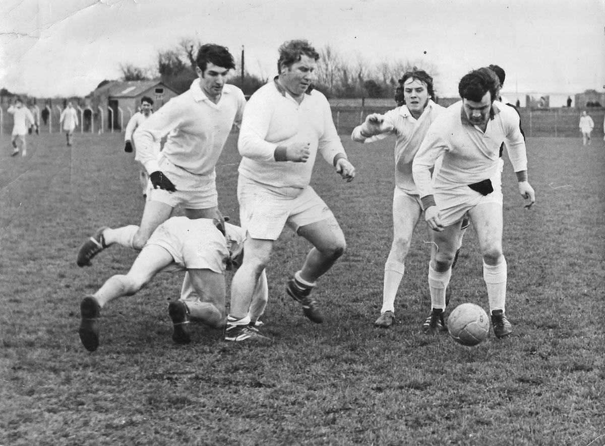 Portlaoise players, John Fennell, on the ball, backed up capably by Pascal Delaney, in the Leinster club football final against Athlone in 1972 at Carlow.