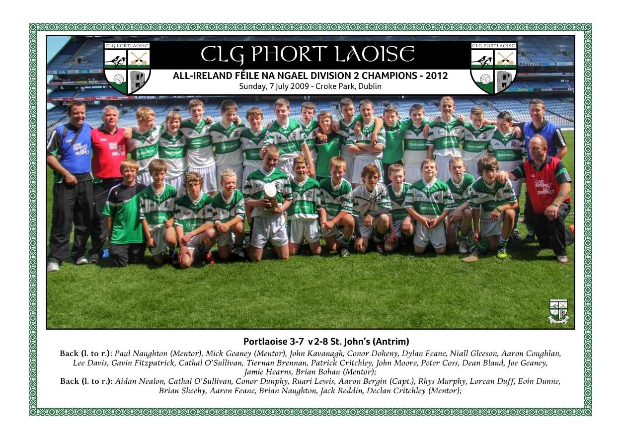 Portlaoise Under 14 hurlers who won the National Féile na nGael Division 2 title in 2012