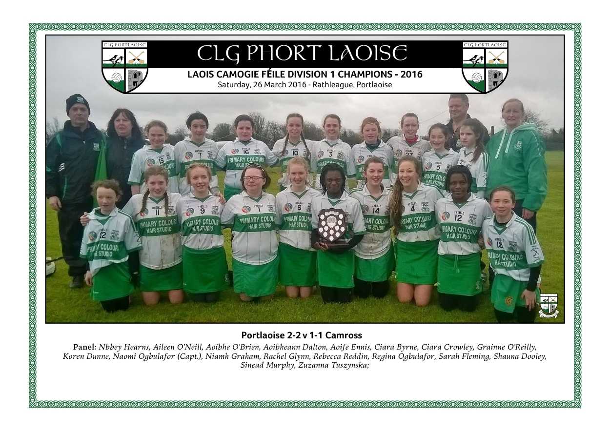 Portlaoise Under 14 camogie team who won the Féile na nGael and championship titles in 2016